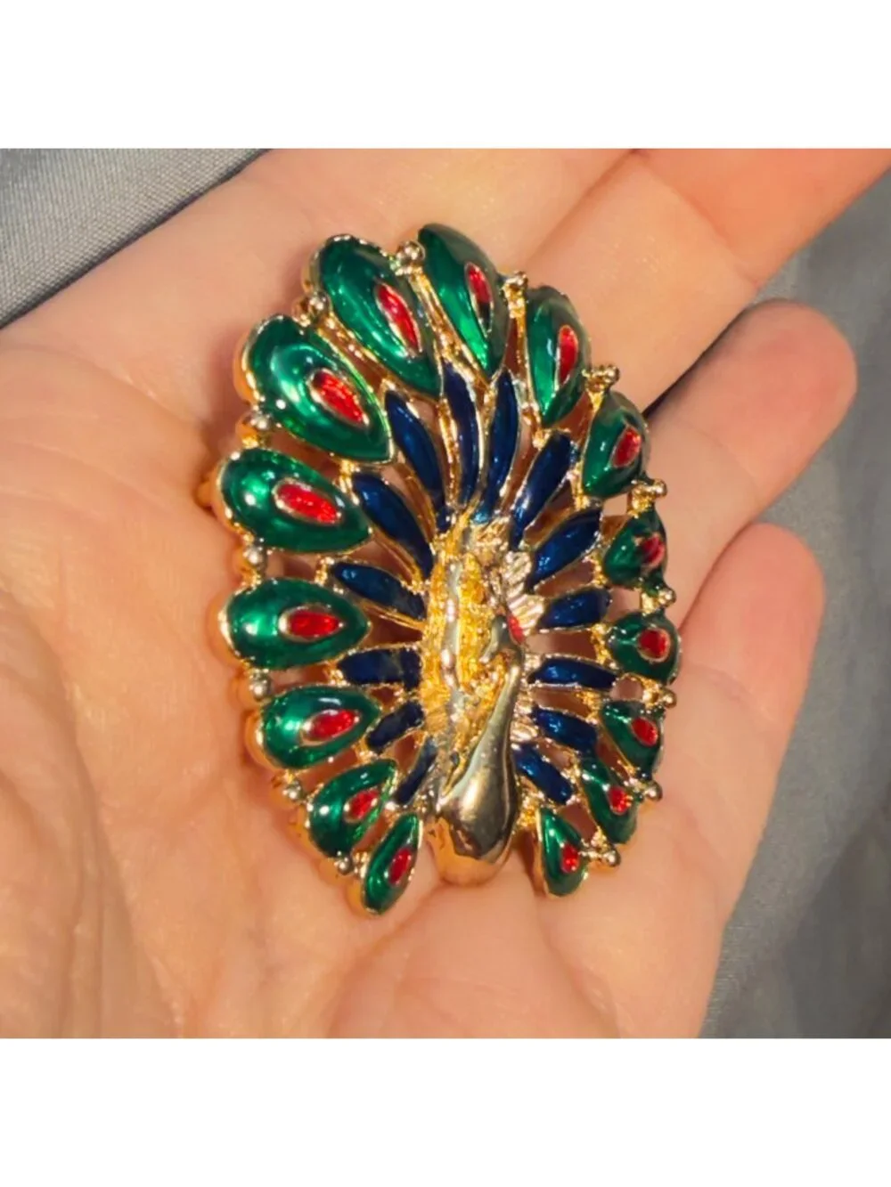 Peacock Vintage Brooch Colorful Enamel Rhinestone Gold Tone Statement 2.1